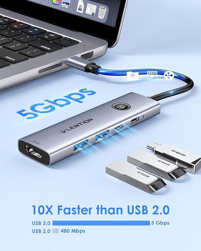 LENTION USB C Multiport Adapter, 5-in-1 USB C Hub with HDMI 4K@60Hz, USB A 3.0, Type C 3.0, 100W PD Charging, Multiport USB Adapter with Screen On/Off Button New MacBook Pro and Other Type C Devices