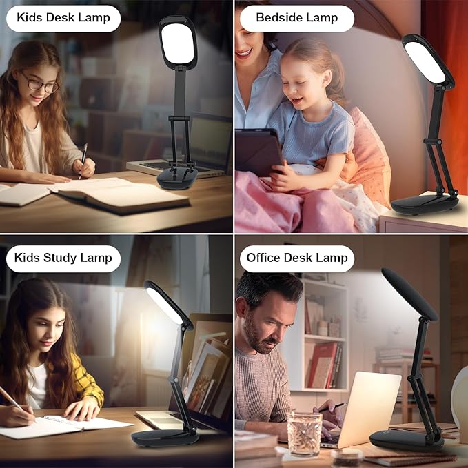 LED Desk Lamp for Office Home & Battery Operated Lamp Rechargeable Lamp Foldable & Portable Light, [2-Fold Bracket] 3 Brightness Dimmable Small Desk Lamp Wireless Reading Lamp (Black)
