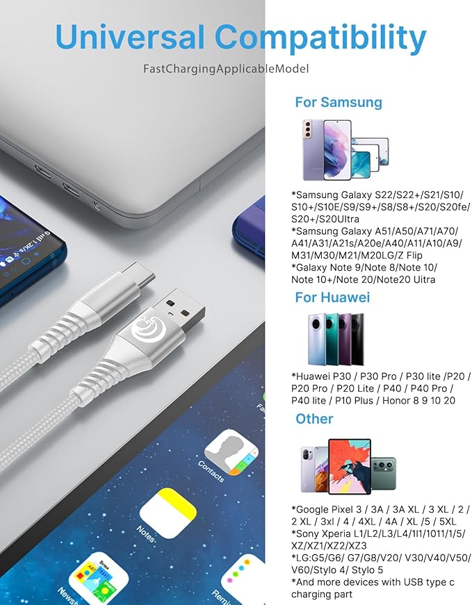 Aioneus USB C Cable, 2 Pack USBC Cable 10ft Fast Charging Cable 3A Type C Cable for iPhone 16 15 Series Samsung Galaxy S24 S23 S22 S21 S20 A14 A15 A20 A32 A42 A53 A54, Tablet, Pixel, LG, Moto, PS5