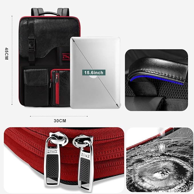 ZINZ Slim & Expandable Laptop Backpack 15.6 Inch, Computer Rucksack Water Resistant Bag, Anti-Theft Travel Daypack for Men and Women-Black&Red