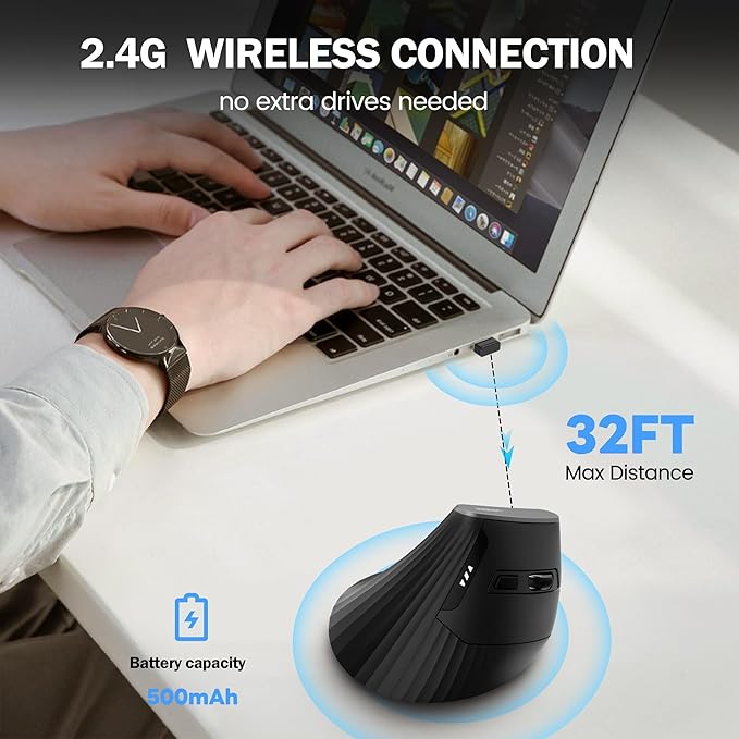 Uineer 2.4G Ergonomic Mouse - Wireless Vertical Computer Mouse with 4 Level Adjustable DPI,Ergonomic Design for S/M Hands, 2.4GHz Wireless Mice for Laptop (Battery Level Visible) ﻿