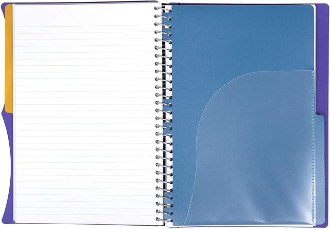 Mintra Office Durable PREMIUM Spiral Notebook, ((Purple, 2 Subject (6in x 9.5in)), Wire, Fabric Covered Coils, No Snags, Removable Adjustable Pocket Dividers, Ruler, Organization, Customizable
