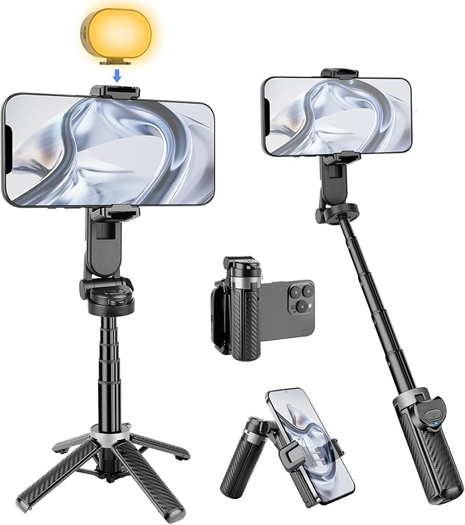 4-in-1 Multifunctional 360°Rotation Selfie Stick for iPhone with Fill Light for Low Light Environment & Indoor Scenes - Foldable Pocket LED Phone Selfie Stick Tripod