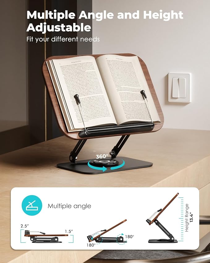 Viozon Book Stand for Reading,Book Holder, Height&Angle Adjustable, 360° Rotating Base, Foldable and Portable, Lightweight for Office, Kitchen, School Textbook, Recipe, Magazine,Kindle,Tablet DW