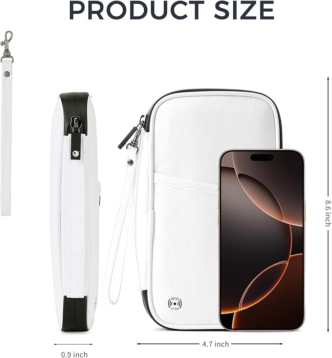 Travel Passport Holder, Large Family Passport Walle for Men Women RFID Passport Cover Lightweight Portable Document Organizer with Wrist Strap (White)