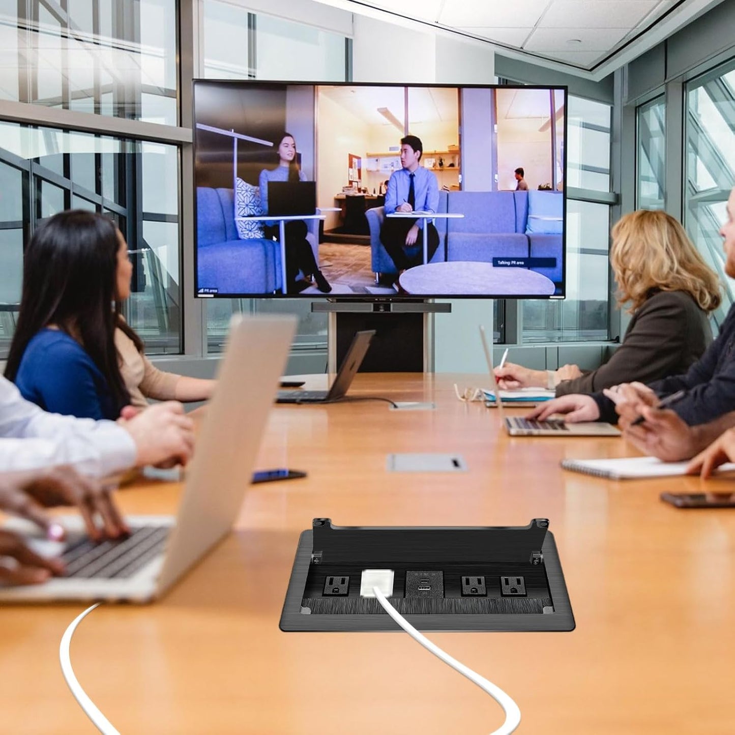 Embedded mesa Power Outlet Box, Table Power Multimedia Connectivity Box for Conference Study Room Home with 4 AC Outlet,USB-C Port Fast Charge 18W Length 4.9FT Power Cable (Brushed Black)