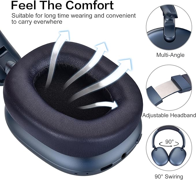 RORSOU C6 Active Noise Cancelling Headphones, Wireless Over Ear Bluetooth Headphones, 60H Playtime, Lightweight Folding Deep Bass Comfort Fit Ear Cups Headset with Mic for iPad/Travel/PC/Home Blue