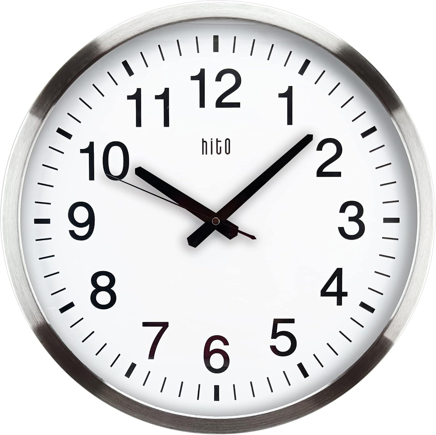 HITO 16" Silent Wall Clock Battery Operated Non Ticking Sweep Movement Glass Cover Silver Aluminum Frame, for Kitchen, Bedroom, Home Office, Living Room Decor