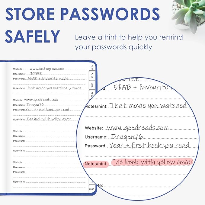 Elegant Password Book with Alphabetical Tabs - Hardcover Password Book for Internet Website Address Login - 5.2" x 7.6" Password Keeper and Organizer w/Notes Section & Back Pocket（Royal Blue）