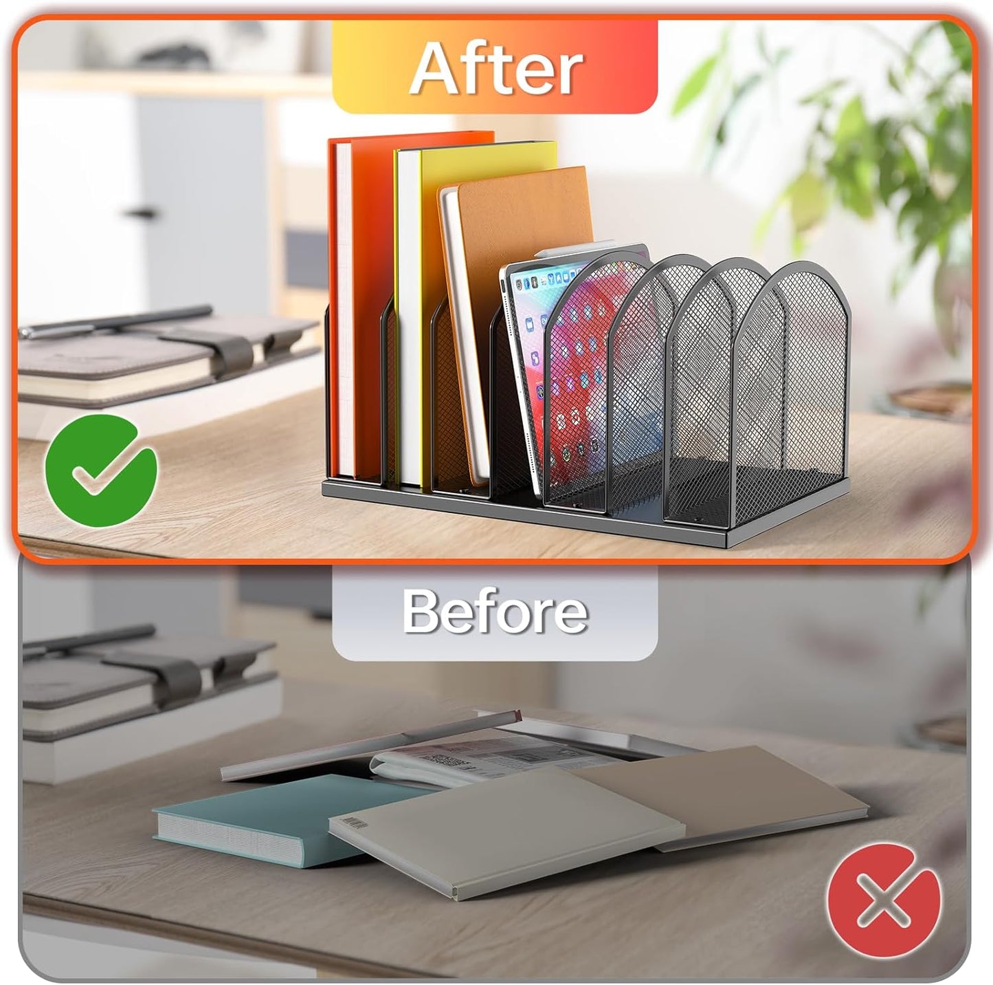 7-Section Metal Upright File Sorter Organizer，Office Small Letter Sorter Desktop File Organizer Metal Mesh Iron Sole, Black