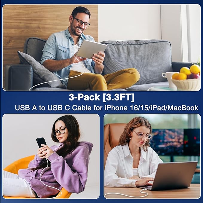 3-Pack 3.3FT USB A to USB C Cable Car Carplay Cable for iPhone 15 16 Pro Plus Pro Max，for iPad Pro/Air/Mini，for Samsung S24/S23/S22，for MacBook Pro/Air and More