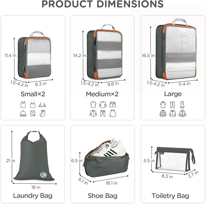 Cipway Compression Packing Cubes Mesh, Lightweight Luggage Organizer Bags with Laundry Bag, Toiletries Bag and Shoe Bag, Travel Essentials for Carry on Suitcase（8 Pcs,Grey）