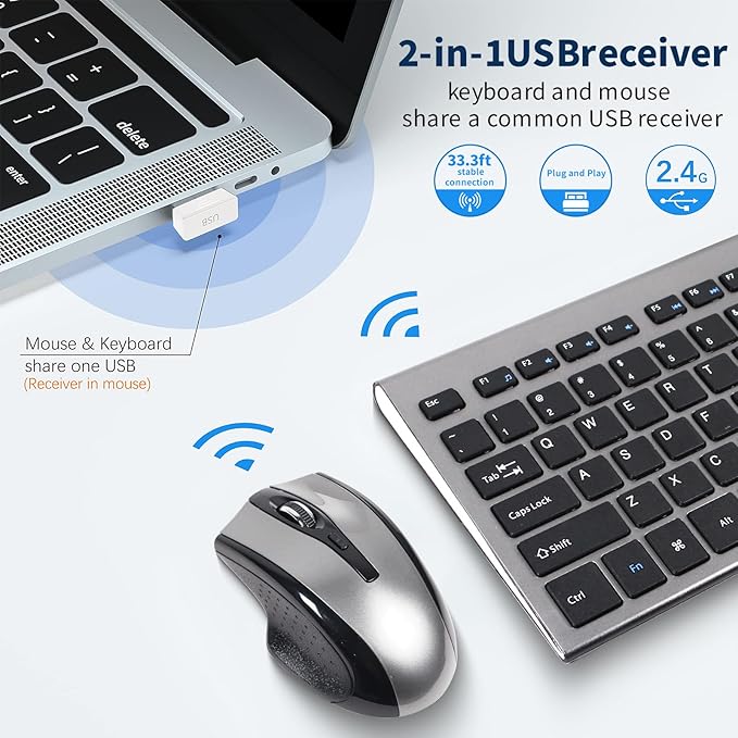 Wireless Keyboard and Mouse Combo 17inch Full Size 2.4G USB Ergonomic Slim Wireless Keyboard for PC Laptop Tablet Desktop Computer,Windows Silver Gray (Black Gray)