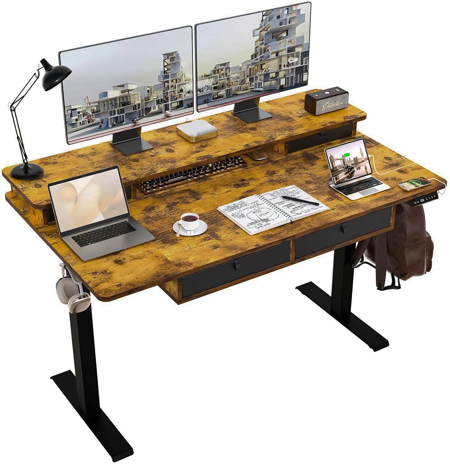 55 * 30 Inches Electric Standing Widened Desk Adjustable Height with 4 Drawers, Double Storage Shelves Stand Up Desk, Home Office Workstation Sit Stand up Desk (Rustic Brown)