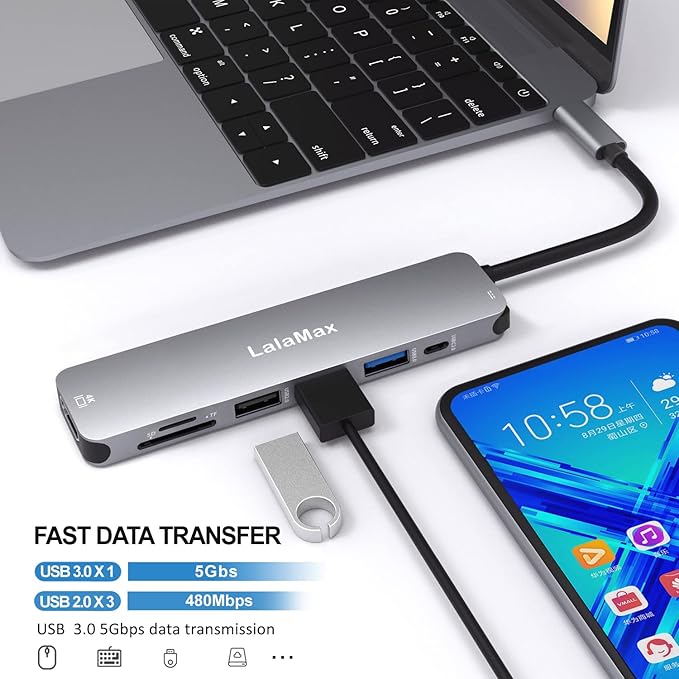 USB C HUB(8-in-1), USB C to HDMI4K60 SD/TF USB A PD, Compatible with USB C Port, USB C and 3 USB A Data Ports,SD/TF Card Reader for MacBook Pro Inch, MacBook Air and More