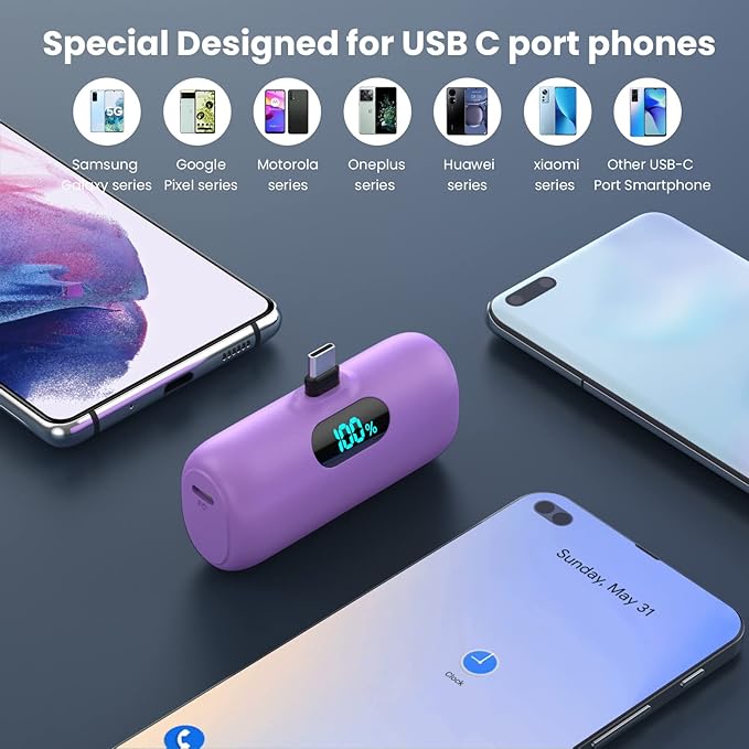 [2-Pack] Mini Portable Charger 5000mAh Power Bank,3A PD USB C Cell Phone Portable Power, LCD Display Battery Pack Compatible with iPhone 16/15/15 plus/15 pro/15 pro Max/Android/Samsung/Moto/LG etc