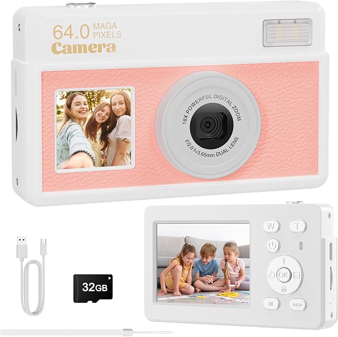 Digital Camera, 4K Autofocus Compact Camera with 32G SD Card FHD 64MP with 2.8" Large Screen, 18X Digital Zoom, Portable Mini Camera for Photography, Suitable for Kids,Adult,Beginners