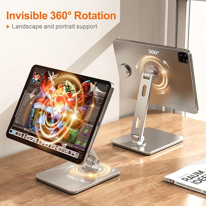 Magnetic Charging Stand for iPad Pro 11, Aluminum Foldable Charger Stand with 360° Rotation, USB-C Fast Wireless Charger Station for iPad, Holder Mount for Office (Rechargeable Version)