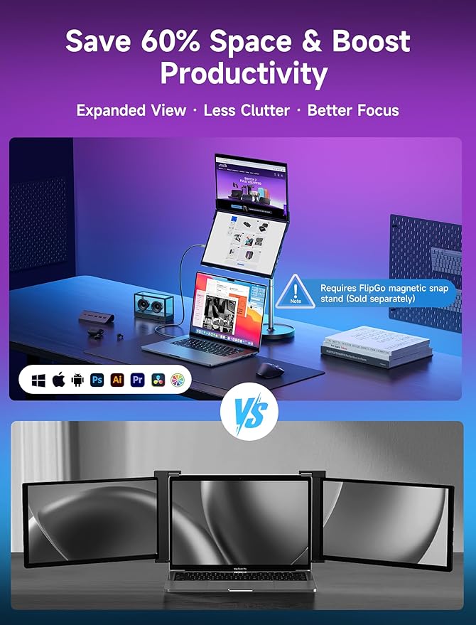 JSAUX FlipGo Pro 15.6" Dual Portable Monitors, 1080P FHD IPS Dual Screen Monitor, Triple Screen Laptop Monitor Extender for Wins/macOS (Driver Required) with Magnetic Design/Plug & Play/Built-in Hub