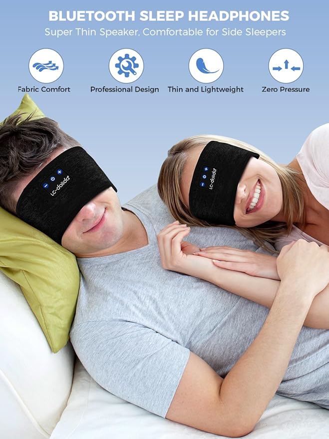 LC-dolida Sleep Headphones Bluetooth Headband, Sweat Resistant Sports Wireless Earphones, Ultra-Thin HD Stereo Black Headband Speaker Sleeping Eye Mask for Women Men Teen Running Cool Gadgets
