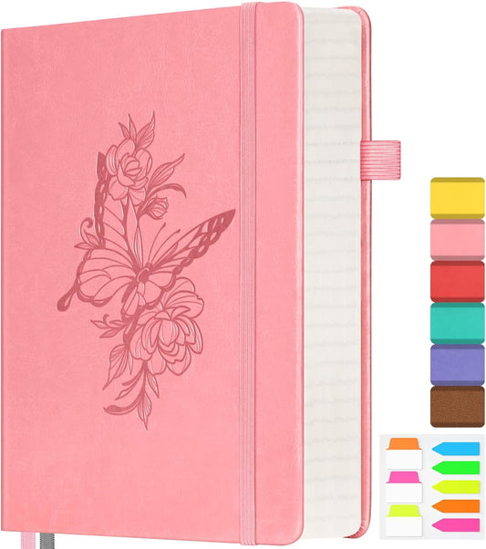 Lined Notebook Journal for Women, 312 Numbered Pages A5 Thick Leather Journal, 100gsm Paper Daily Journal for Work Travel, Hardcover College Ruled Notebook, Giftable Butterfly Floral Notebook, Pink