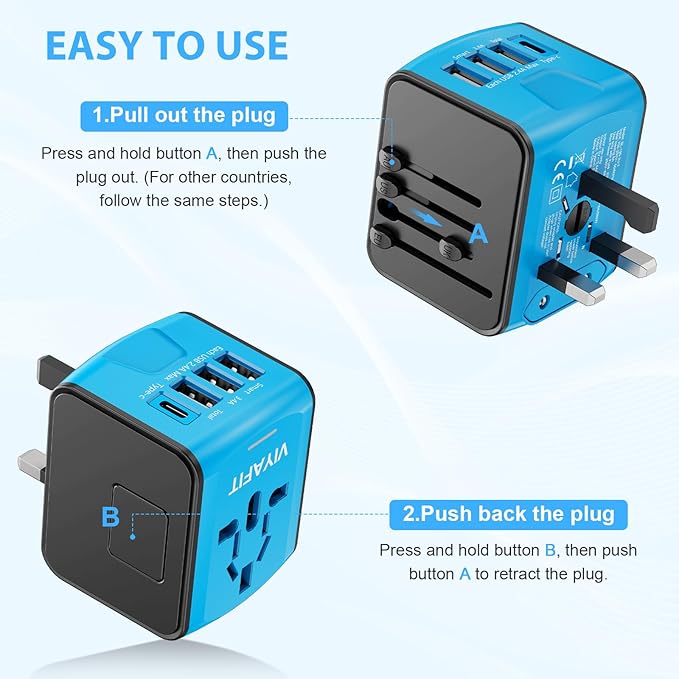 Universal International Travel Power Adapter, All in One Wall Charger with High Speed 2.4A 3xUSB, 3.0A Type-C, European Adapter, Worldwide AC Outlet Plugs for UK, CA, EU, AU, Asia (Blue)