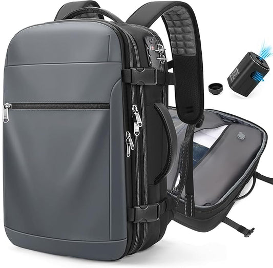 Vacuum Backpack Travel – Expandable Compression Carry On Backpack with Vacuum Pump, Water-Resistant TSA Lock Travel Bag, 17" Laptop Backpack for Men Women, Business Airplane Flight Luggage, Grey