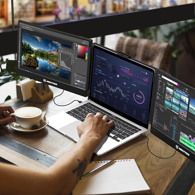 Maxfree Triple Laptop Screen Extender, S2 14" 1080P HD Portable Dual Monitor for 13.3-17″ Laptops, Plug & Play Monitor Extender Compatible with Windows/Mac/Surface/Android/Switch