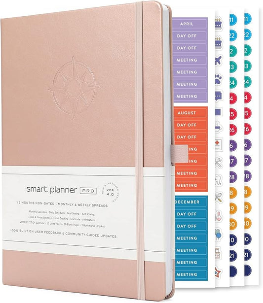 Smart Planner Pro – Undated Daily Planner – Medium B5 – Achieve Goals & Increase Productivity with Weekly, Monthly, Work Sections - Organizer Planner with Back Pocket, 3 Satin Bookmarks & Pen Holder