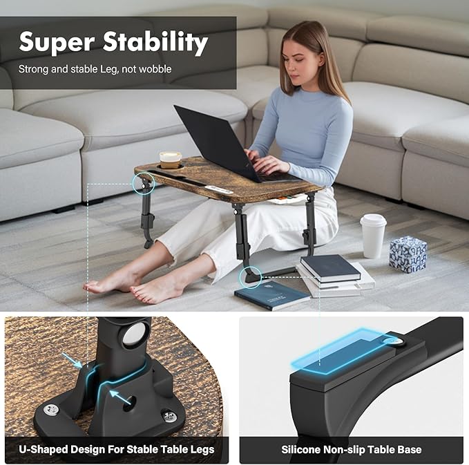 Lap Desk for Bed Adjustable Height, Foldable Bed Table with Storage Drawer, Tablet Slot & Cup Holder, Portable Laptop Stand for Bed & Sofa, Bed Desk for Adults & Kids, Carbonized