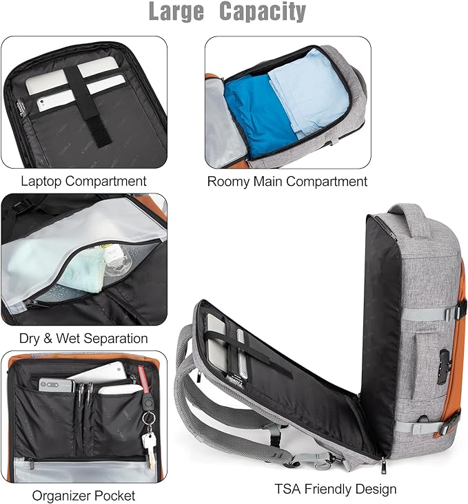 Tzowla 40L Travel Laptop Backpack for Men Women Carry on Flight Approved,Large Capacity Water Resistant Anti Theft Backpacks with USB Port,Business Causal Daypack Bag Fit 17.3"Computer/Notebook(Grey)