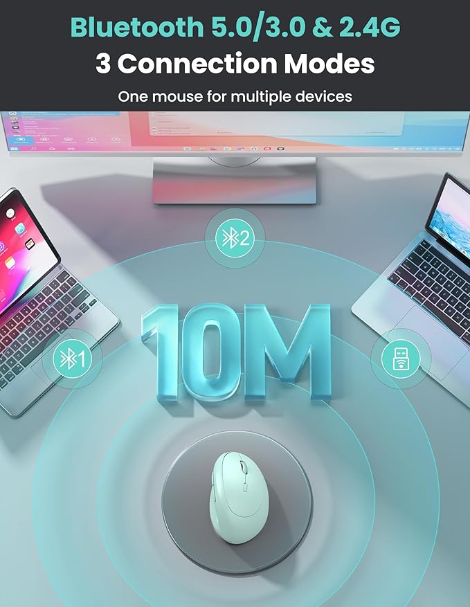 TECKNET Ergonomic Mouse, Bluetooth Wireless Vertical Mouse, Rechargeable Battery, Quiet Clicks, 4800 DPI Adjustable, BT5.0/3.0 & 2.4G Connect, Easy to use, Wide Compatibility