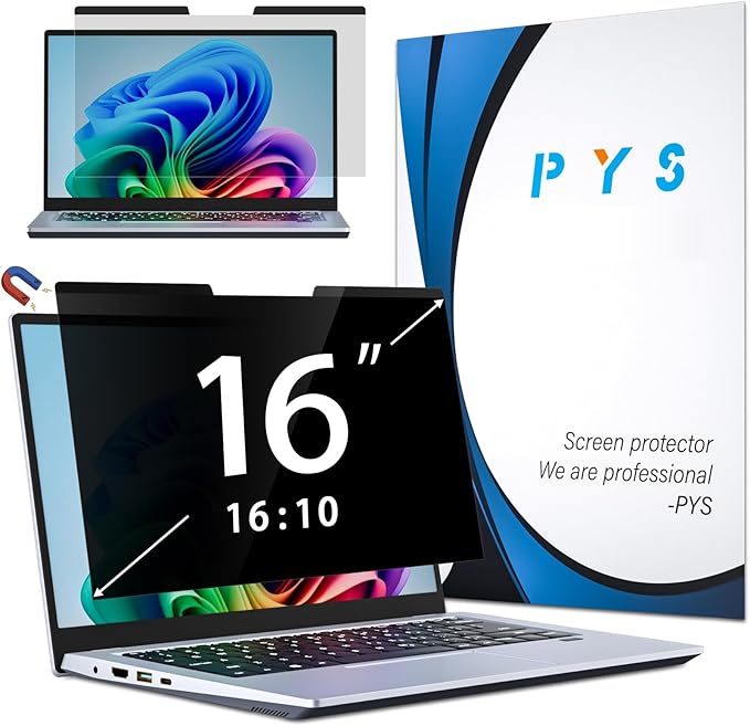 PYS Magnetic Laptop Privacy Screen 16 Inch 16:10 Ratio - Computer Monitor Screen Privacy Shield, Anti-Glare Blue Light Filter, Detachable Privacy Screen Protector for Lenovo, Hp Envy, Dell