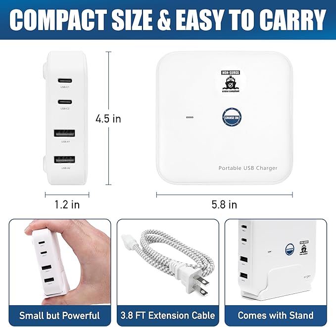 Cruise Approved Power Strip (Royal Caribbean, Disney & More) - Non Surge USB Charger [2 USB, 2 USB-C] 4 Port Charging Station, 3.8 ft Cord for iPhone, iPad, Laptops, More - Cruise Ship Essentials