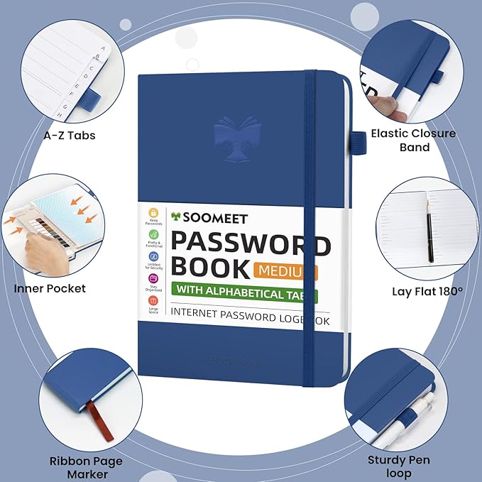 Password Book with Alphabetical Tabs, Hardcover Password Keeper, A5 Size 8.3"x6" Password Notebook for Saving Internet Login, Username, Password Organizer for Computer & Website Logins, Blue