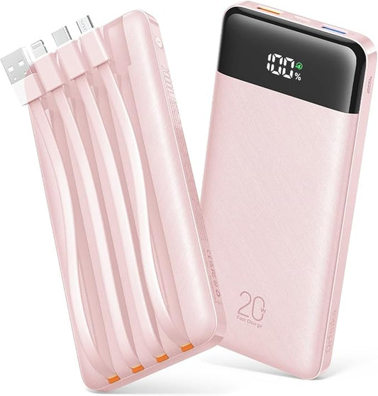 20000mAh Power Bank Fast Charging, Portable Charger with 4 Built-in Cables & 6 Outputs, 20W PD USB C Battery Pack Compatible with iPhone 16/15, Galaxy, Android, iPad & More (Travel Essential)