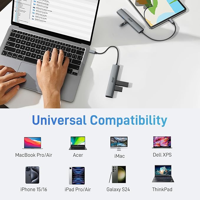 Acer 5 in 1 USB C Hub with 4K HDMI, 100W Power Delivery, 3 USB A Data Ports, USB C to HDMI Multiport Adapter for Laptop, PC, Tablet, MacBook Air, iPad Air, iMac, iPhone 15/16 Pro/Pro Max