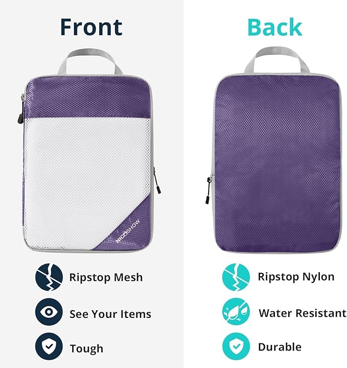 9 Set Compression Packing Cubes for Travel - Compressible, Lightweight, and Space-Saving Packing Cubes, Travel Essentials for Women, Purple