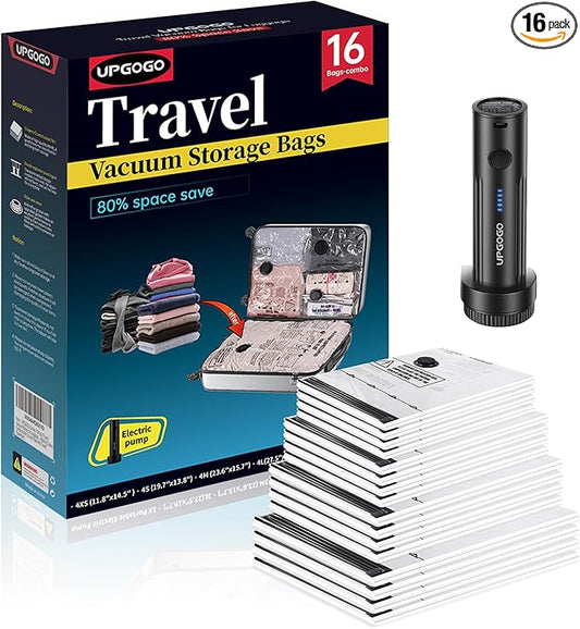Combo 16 Pack Travel Vacuum Bags for Luggage with Portable Electric Pump,Vacuum Seal Bags for Clothing,Packing Cubes Compression,Cruise Ship and Travel Essentials