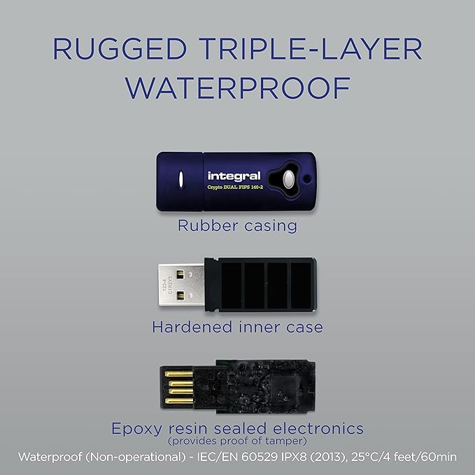 Integral 64GB Crypto-140-2 Dual Password 256-Bit Hardware 3.0 Secure Dual Password Drive - Certified to FIPS 19, Brute-Force Password Attack Protection & Rugged Triple-Layer Waterproof Design