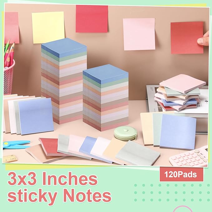 Fainne 120 Pack Sticky Notes Bulk Back to School Supplies Self Stick Note Pads Paper Memo for Office First Day of School Student Teacher Essentials (3x3 Inch,Pastel Color)