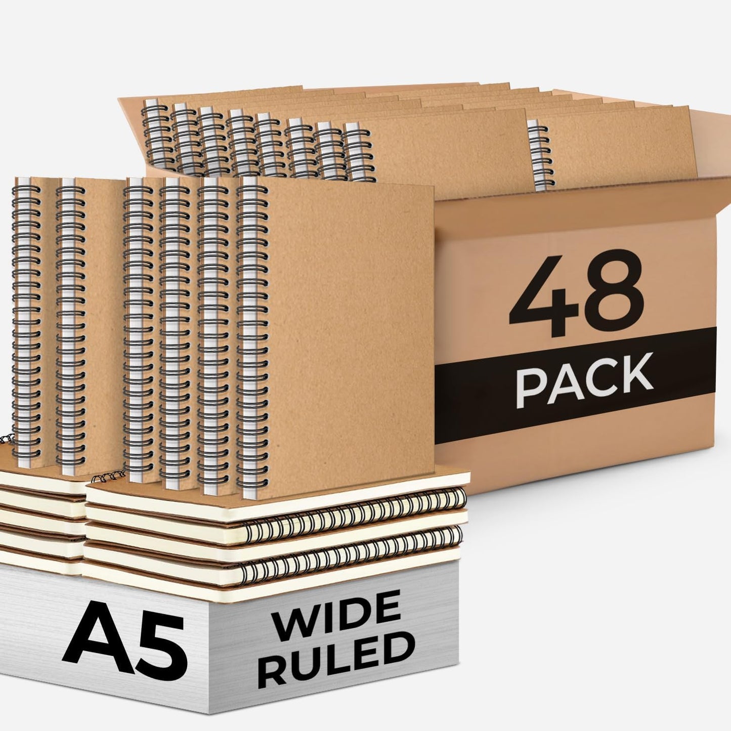 48 Pack Wide Ruled Kraft Spiral Notebook, 5.8 x 8.3, 120 Pages (60 Sheets), No-Bleed, 100 GSM, Bulk Lined Journal Notebooks for Writing, Memo Diary Planner School Travel Office Supplies