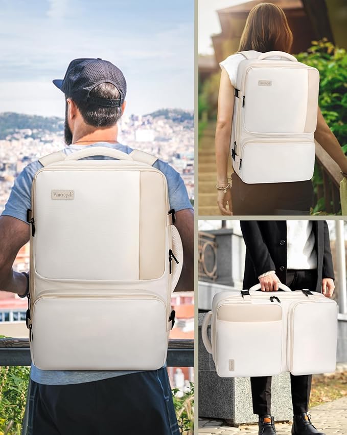 Vancropak Expandable Carry on Backpack for Airplanes, TSA Personal Item Airline Approved 40L Travel Backpack for Women, Lightweight Weekender Overnight Luggage Daypack Suitcase, Travelers Gifts, Beige