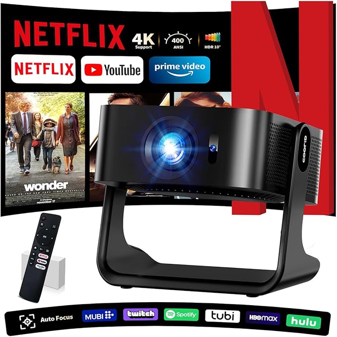 [Netflix-Licensed Projector] Projector 4K , 1080P Smart Mini Projector with WiFi & Bluetooth, Portable Outdoor Projector Auto Focus & Keystone, 270° Adjustable Stand for Home Movie Projector - Black