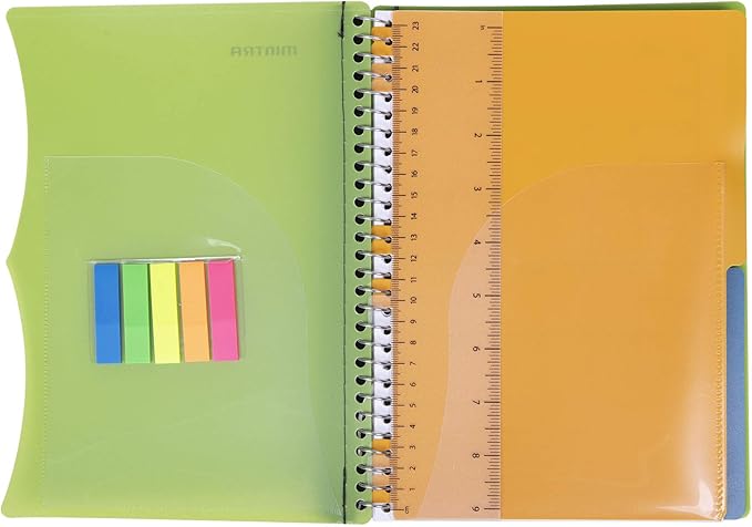 Mintra Office Durable PREMIUM Spiral Notebook, ((Green, 2 Subject (6in x 9.5in)), Wire, Fabric Covered Coils, No Snags, Removable Adjustable Pocket Dividers, Ruler, Organization, Customizable