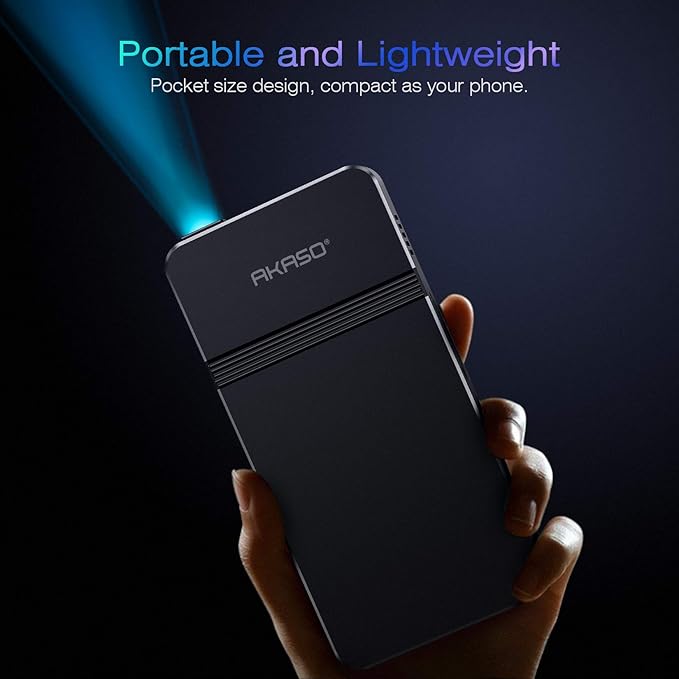 AKASO Mini Projector, Pocket-Sized DLP Portable Projector, 1080P Cookie Projector , Support HDMI WiFi Built-in Rechargeable Battery Stereo Speakers and Remote Control Movie Projector - Updated Type-C