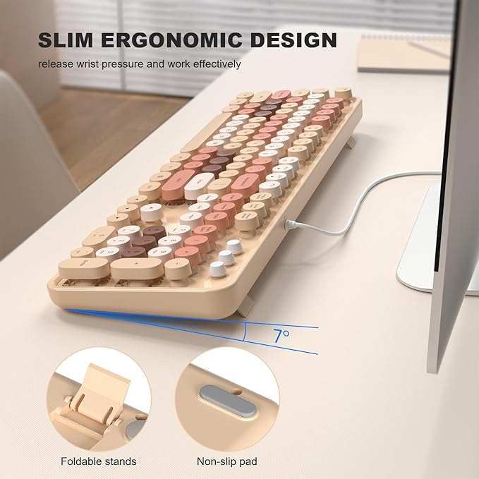 Colorful Computer Keyboards Wired, USB Plug and Play Full Size Typewriter Keyboard, Cute Aesthetic Keyboard with Foldable Stands for Windows PC Laptop (Milk Tea)