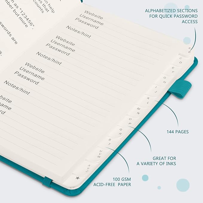 JUBTIC Password Book with Alphabetical Tabs. Medium Size Password Keeper Logbook for Internet Log in, Website Address. Hardcover Password Journal Notebook & Organizer for Home Office, Turquoise