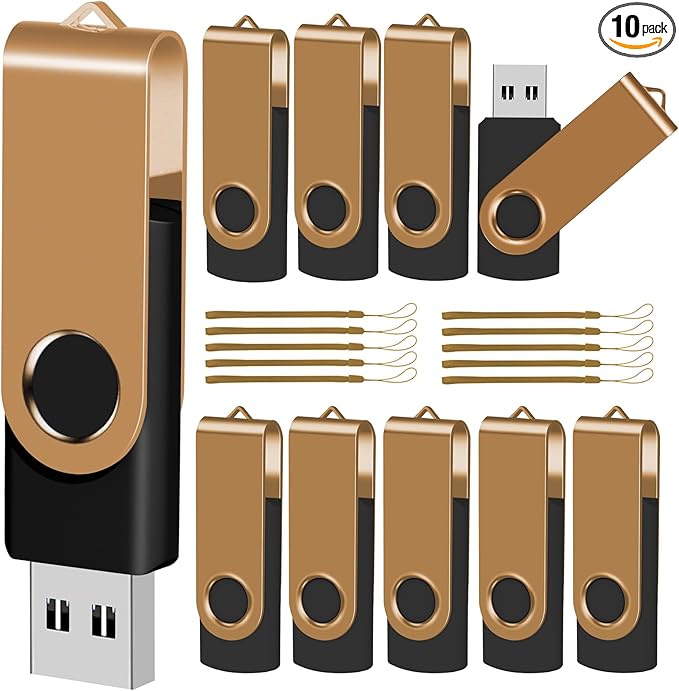 EASTBULL 64GB USB Flash Drive Bulk Thumb Drives 10 Pack with Lanyards USB 2.0 Memory Sticks Zip Drive Pen Drive for Storage and Backup Glod 10PCS 64GB