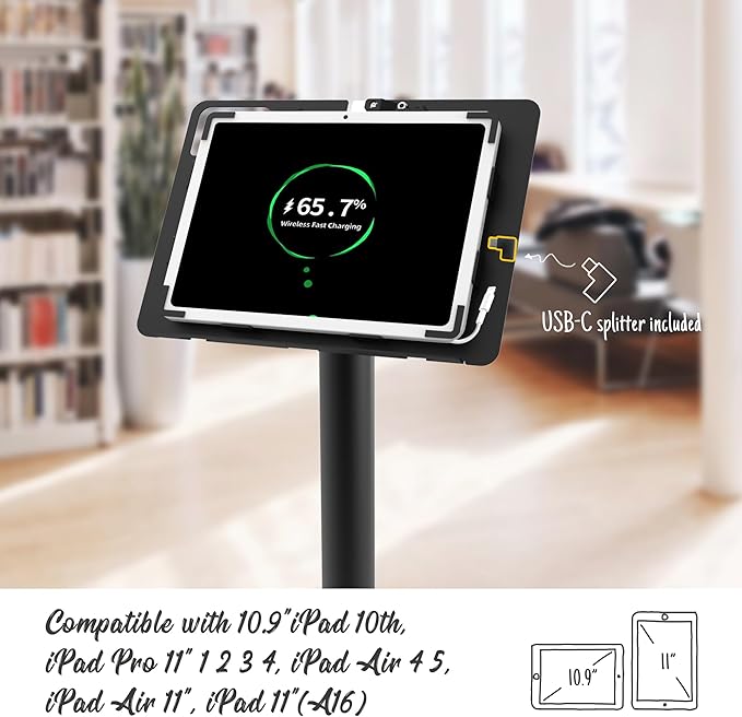 Tablet Kiosk Floor Stand, Anti-Theft, Rotate Lockable Metal Tablet Enclosure+Aluminum Pole+Metal Base, Compatible with 10.9" iPad 10th, Pro 11" 1 2 3 4, Air 4 5, Air 11", iPad 11"(A16)
